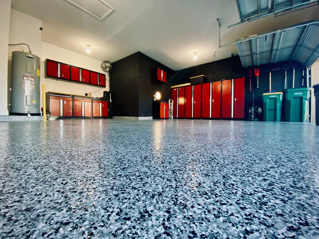 Premium flake flooring system with a clean decorative vinyl flake finish