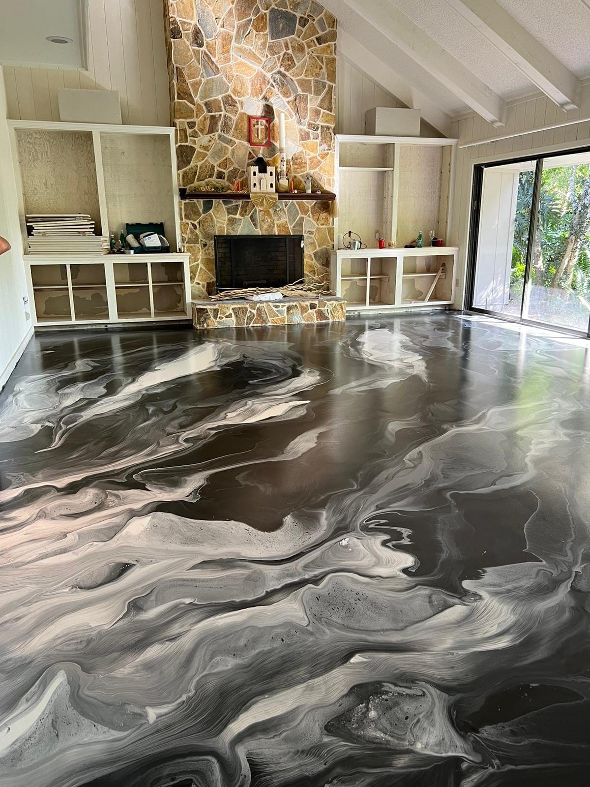 Close-up detail of metallic epoxy flooring texture and shine